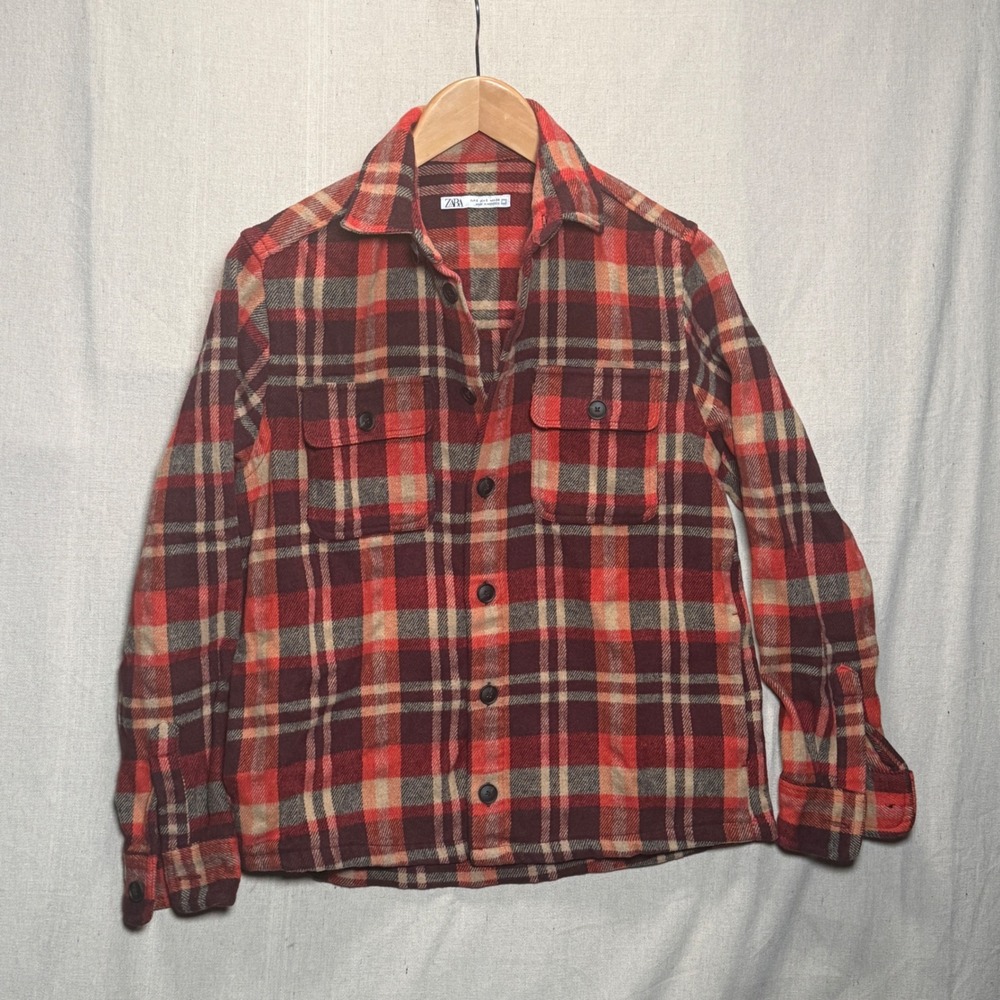 Zara Man‎ Plaid Shirt Jacket Red Orange Heavyweight Shacket Size S Small
